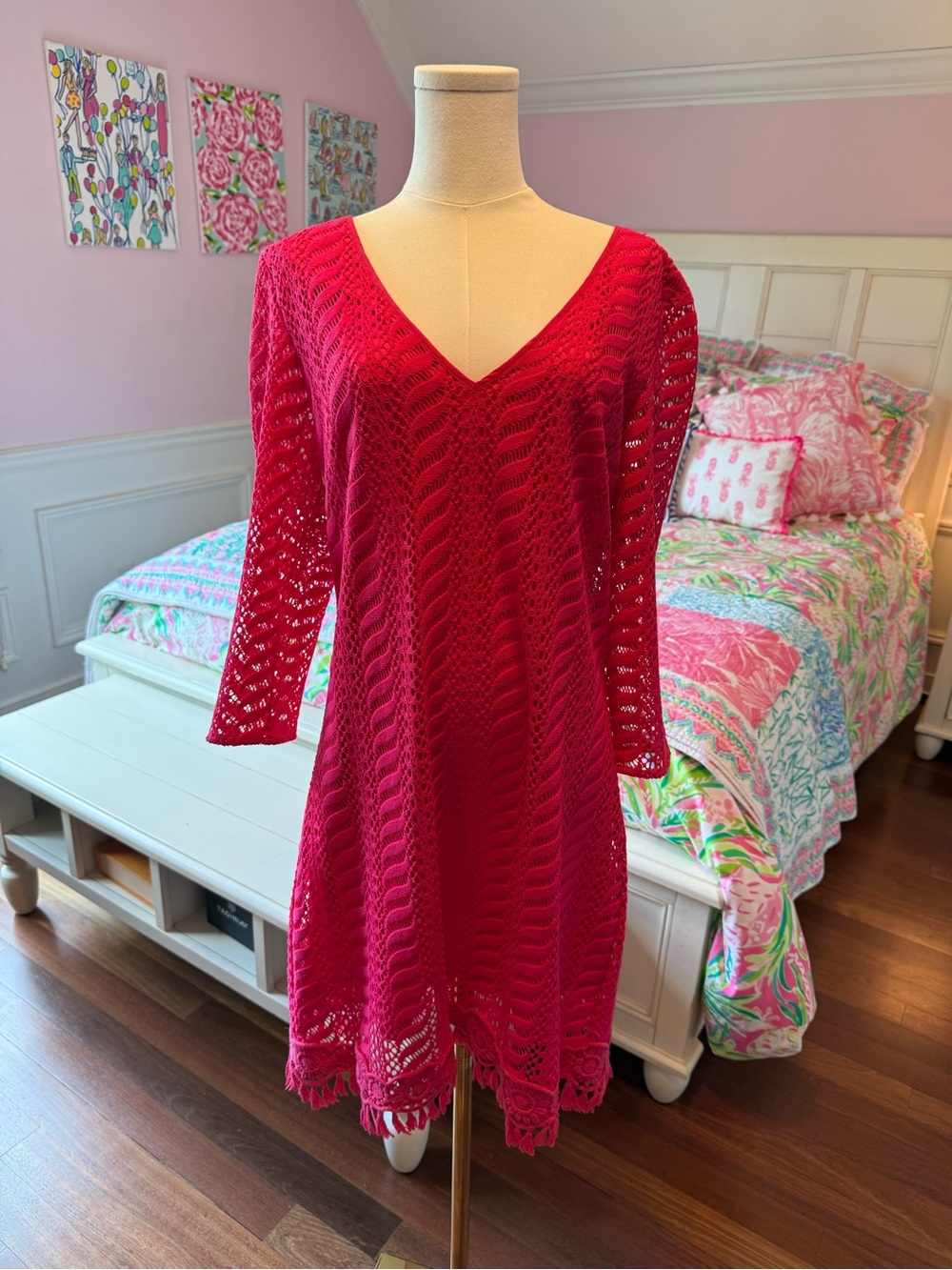 Lilly Pulitzer Hot Pink Crochet Long Sleeve Dress